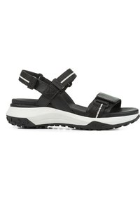 Sorte sandal med lærremmer med tekstur, justerbare lukkinger, og en hvit støtdempende såle. Gummiert svart yttersåle.