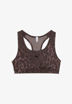 Bruine en zwarte sportbeha met luipaardprint en een racerback ontwerp, voorzien van een zwart logo en soepel, rekbaar materiaal.