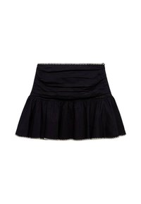 Gonna nera con design svasato, vita arricciata e bordo in contrasto di colore chiaro lungo l'orlo. Realizzata in tessuto morbido con una trama liscia.