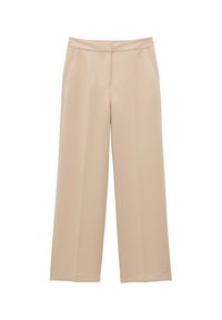 Beige wijdebroek van een gladde stof, met een platte voorkant, twee zijzakken en een nette zoom zonder zichtbare bevestigingen.