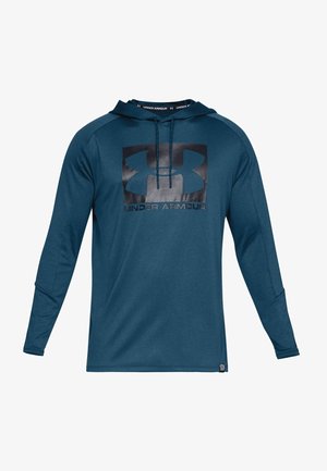 Blauer Under Armour Langarm-Hoodie mit großem schwarzem Logo und Markennamen auf der Brust sowie Kordelzügen am Hals.