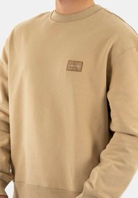 Beige långärmad sweatshirt med ribbad mudd och nederkant, med en liten rektangulär logotyp på vänster bröst.