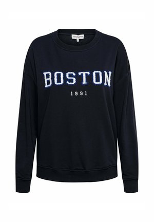 Zwarte sweatshirt met "BOSTON" in blauwe borduur en "1991" in het wit, met een ronde halslijn en lange mouwen. Zachte stof, relaxte pasvorm.
