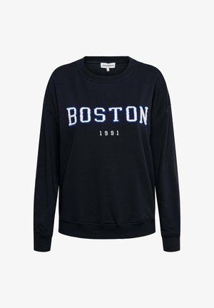 Zwarte sweatshirt met "BOSTON" in blauwe borduur en "1991" in het wit, met een ronde halslijn en lange mouwen. Zachte stof, relaxte pasvorm.