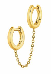 Pendientes de aro de oro con un diseño articulado conectado por una pequeña cadena, con una textura suave y un acabado pulido.
