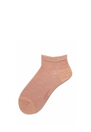 Hellrosa Knöchelsocke mit dezentem floralem Spitze-Muster, geripptem Bündchen und verstärkten Zehen- und Fersenbereichen.