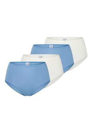 Vier hoch taillierte Damen-Slips in abwechselnden Hellblau- und Weißtönen, in einer versetzten Reihe auf weißem Hintergrund angeordnet.