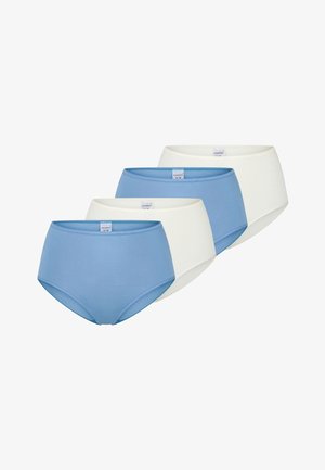 Cztery damskie majtki z wysokim stanem w naprzemiennych kolorach jasnoniebieskim i białym, ułożone w przesuniętym rzędzie na białym tle.