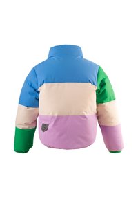 Giacca piumino colorata con un design a blocchi di colore blu, verde, rosa e beige, dotata di un colletto alto e una patch con logo sulla parte posteriore.