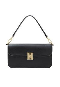 Schwarze Lederhandtasche mit einem oberen Griff, goldfarbenen Beschlägen, einem Klappenverschluss und einem dekorativen Schloss mit dem Buchstaben "H".