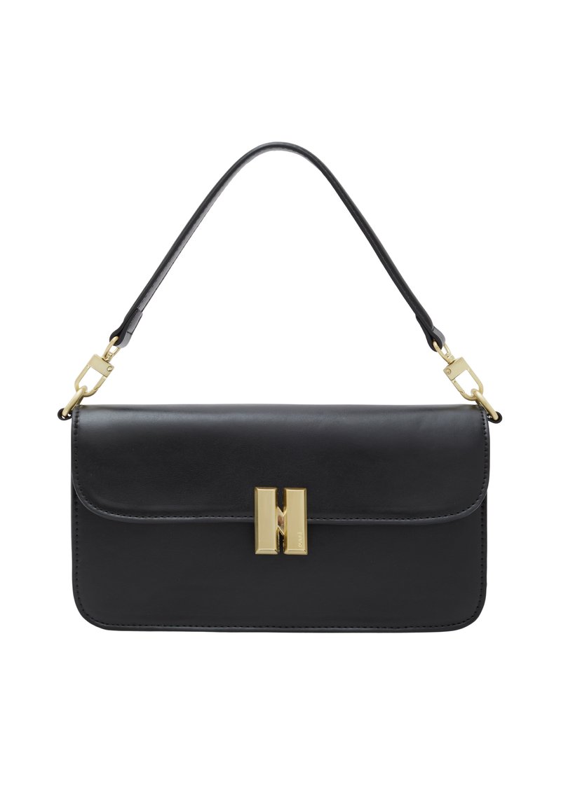Schwarze Lederhandtasche mit einem oberen Griff, goldfarbenen Beschlägen, einem Klappenverschluss und einem dekorativen Schloss mit dem Buchstaben "H".