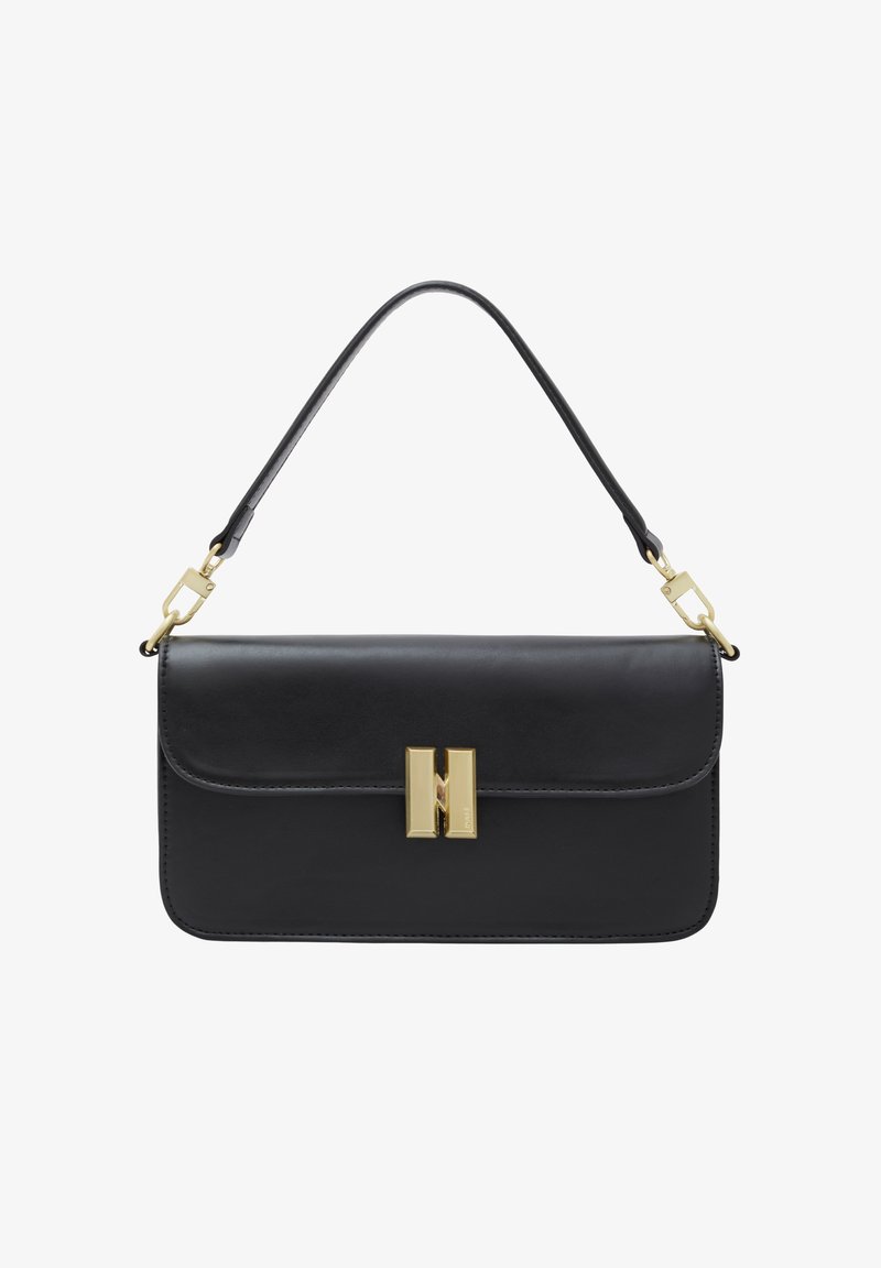 Sort læderhåndtaske med et håndtag, hardware i guldtoner, flaplukning og en dekorativ lås med bogstavet "H".