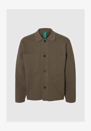 Brown collared jacket, made of textured fabric, featuring a front button closure, two flap pockets, and a straight cut design.