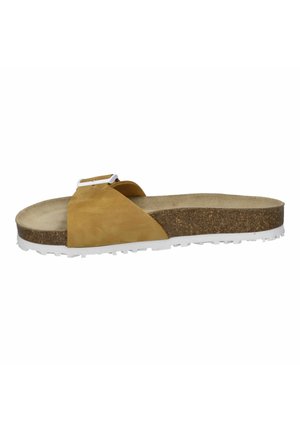 Brown suede slide sandal with a white metal buckle, featuring a cork footbed and white textured sole.