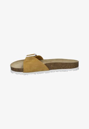 Brown suede slide sandal with a white metal buckle, featuring a cork footbed and white textured sole.