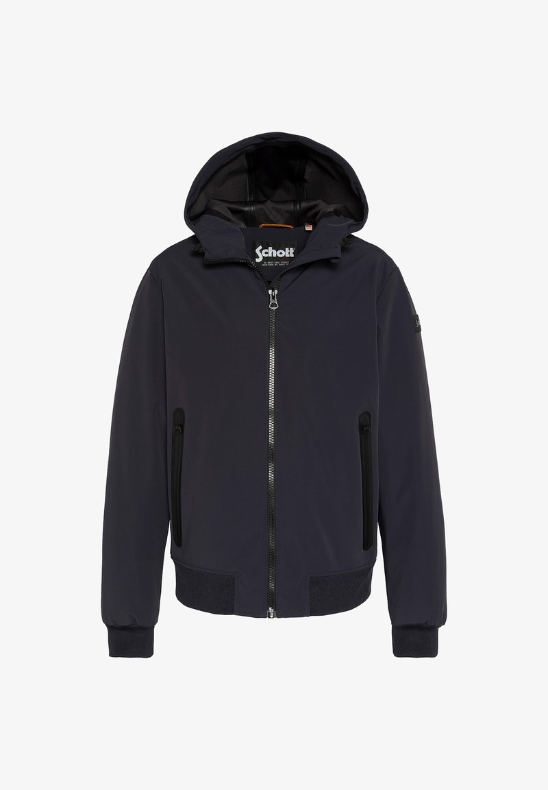 Veste bleu marine avec capuche, fermeture éclair avant et deux poches latérales. Comprend des poignets côtelés et un ourlet inférieur texturé.