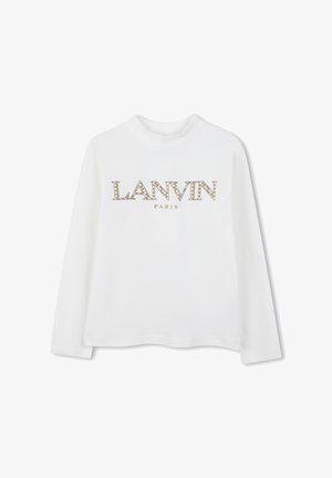 Biała bluzka z długim rękawem z napisem "LANVIN PARIS" w metalicznej złotej kolorze z wzorzystym designem na literach. Miękki materiał, okrągły dekolt.