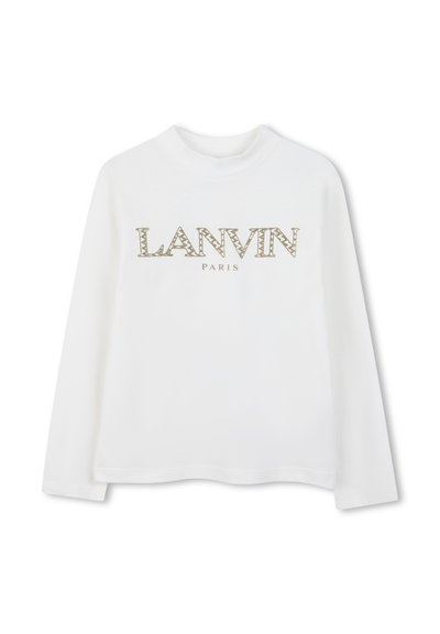 Hvit langermet topp med teksten "LANVIN PARIS" i metallisk gull med et mønsterdesign på bokstavene. Mykt materiale, rund hals.