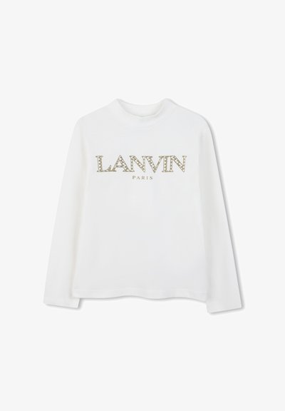 Weißes Langarmoberteil mit dem Aufdruck "LANVIN PARIS" in metallischem Gold und einem gemusterten Design auf den Buchstaben. Weiches Material, runder Ausschnitt.