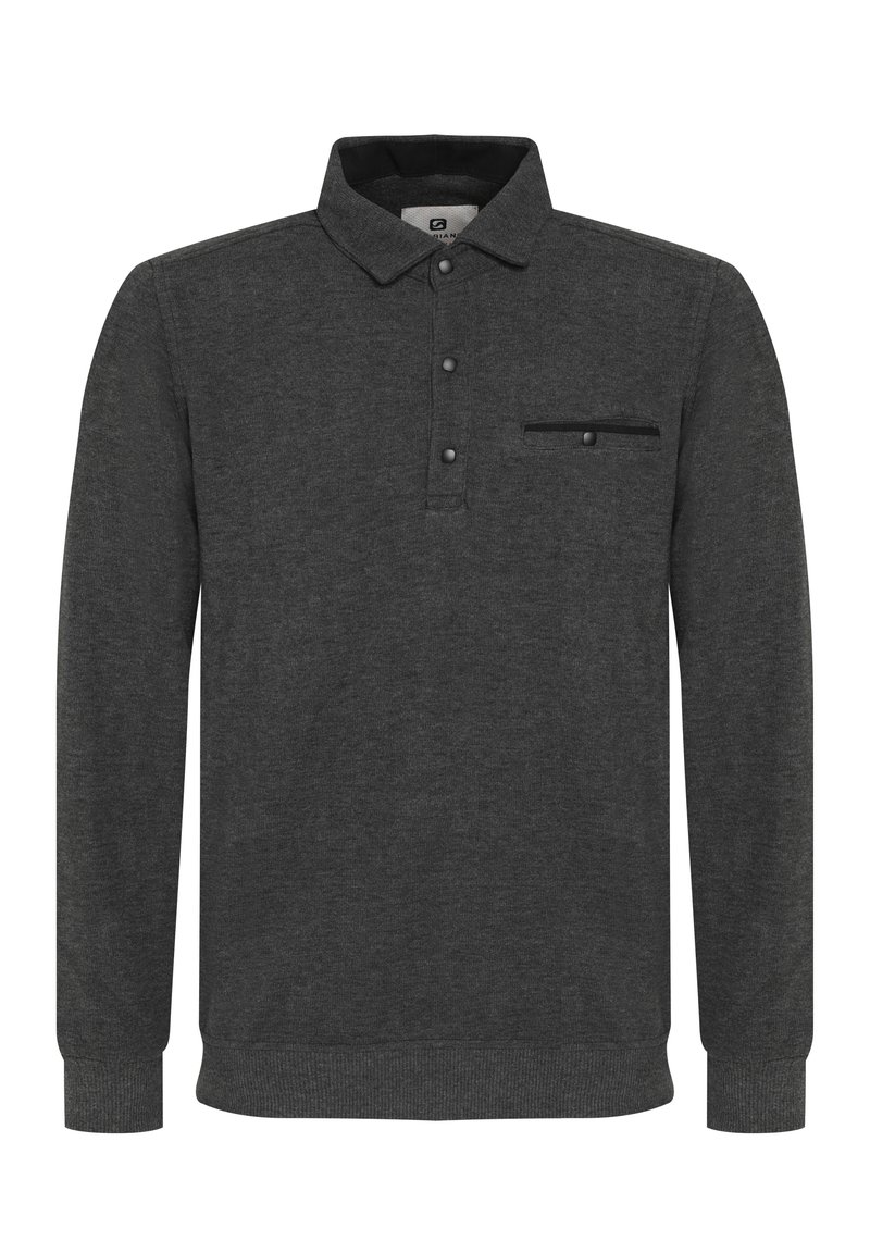 Dunkelgraues Langarm-Poloshirt aus weichem Stoff, mit Kragen, Knopfleiste und einer Brusttasche mit subtilen Zierdetails.