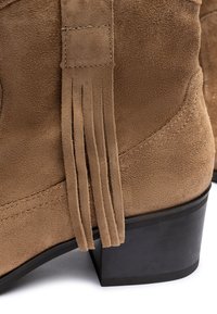 Botín de ante marrón con detalle de flecos, tacón corto apilado y costuras visibles a lo largo de los bordes. Acabado de textura suave.