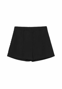 Černé upravené šortky se strukturovaným designem, s plochým předním dílem, bočními kapsami a čistou, hladkou texturou.