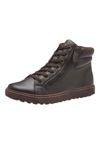 Scarpe alte in pelle marrone con lacci frontali, cerniera laterale e suola in gomma texturizzata. Presentano un collare imbottito e accenti marroni a contrasto.