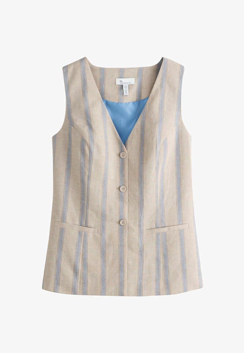 Béžová ľanová vesta s modrými vertikálnymi pruhmi, výstrih do V, tri gombíky a dve predné vrecká. Vnútorná podšívka je svetlomodrý satén.