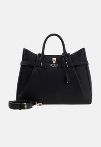 Borsa a mano in pelle nera con forma strutturata, doppi manici e tracolla removibile. Presenta logo e dettagli in tono oro.