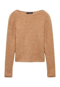 Brązowy sweter z prążkowanym splotem, z długimi rękawami, okrągłym dekoltem i krojem krótkim. Miękka tekstura i wygląd naturalnych włókien.