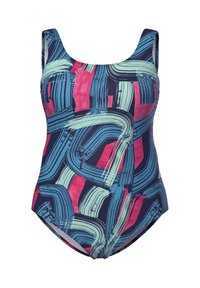 Maillot de bain une pièce à larges bretelles, présentant un motif abstrait de coups de pinceau en bleu, rose et vert clair sur un fond foncé.