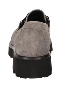Grau Wildlederschuhe mit schwarzer Gummisohle, die eine robuste Konstruktion und ein abgerundetes Rückendesign aufweisen. Glatte Textur mit minimaler Detailgestaltung.