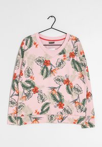 Lyserød sweatshirt med V-hals, prydet med et tropisk blomsterprint af grønne blade og orange blomster, lavet af blødt stof.