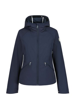 Marineblaue Kapuzenjacke mit durchgehendem Reißverschluss vorne, zwei seitlichen Reißverschlusstaschen und langen Ärmeln, dargestellt vor weißem Hintergrund.