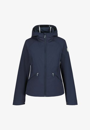 Giacca con cappuccio blu navy con cerniera frontale, due tasche laterali con zip e maniche lunghe, mostrata su uno sfondo bianco.