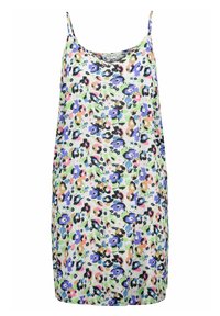 Vestido floral con un tejido ligero y suave. Presenta un patrón multicolor de flores, tirantes finos y un diseño holgado sin mangas.