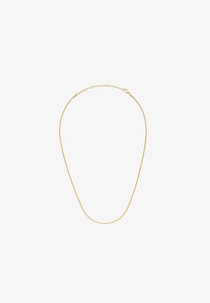 Ce collier en chaîne dorée présente un design fin et lisse avec une fermeture à crochet. La surface a une finition poli pour une apparence élégante.