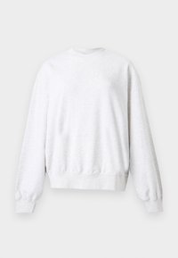 Φόρεμα φούτερ ελαφρύ γκρι με μακρύ μανίκι και στρογγυλή λαιμόκοψη, με ριμπ μανσέτες και τελείωμα, εμφανιζόμενο σε λευκό φόντο.