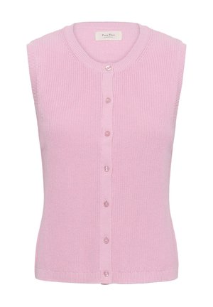 Cardigan en tricot rose sans manches avec col rond et fermeture boutonnée devant, étiquette de la marque Part Two.