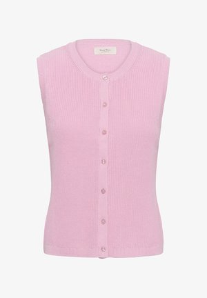 Cardigan en tricot rose sans manches avec col rond et fermeture boutonnée devant, étiquette de la marque Part Two.