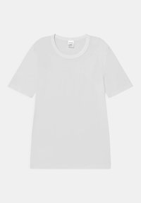 White cotton t-shirt with a round neckline, short sleeves, and a relaxed fit. Smooth texture, no visible patterns or accents.