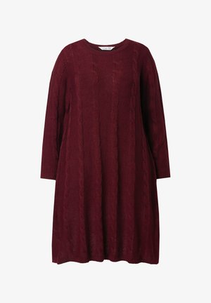 Burgunderfarbendes gestricktes Kleid mit Rundhalsausschnitt, langen Ärmeln und Zopfmuster. Lockere Passform, mit gerippten Bündchen und Saum.