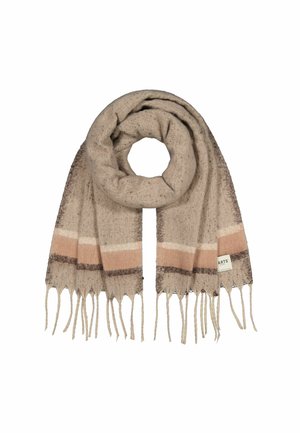 Foulard beige en tissu texturé, avec des rayures marron et pêche et des bords frangés. Étiquette présente sur un côté.