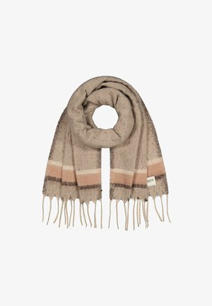 Beige scarf made of textured fabric, featuring brown and peach stripes and fringed edges. Tag present on one side.
