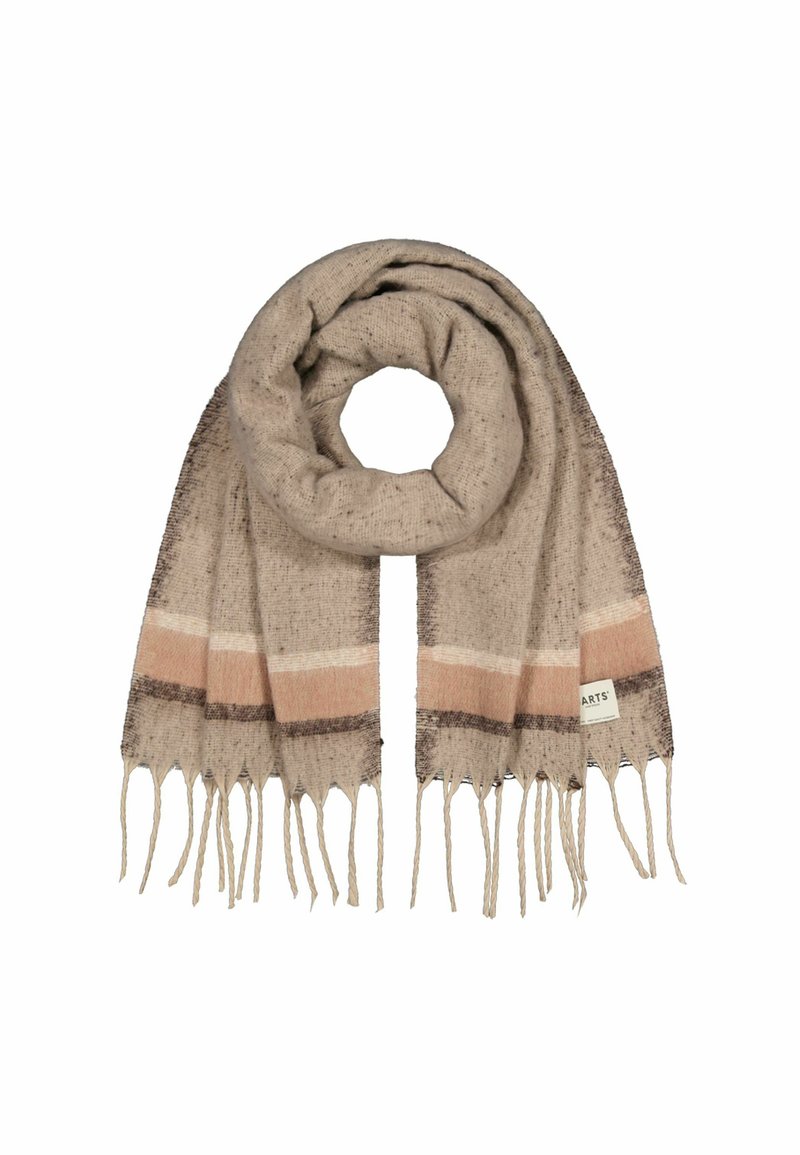 Foulard beige en tissu texturé, avec des rayures marron et pêche et des bords frangés. Étiquette présente sur un côté.