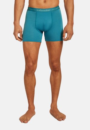 Boxer briefs da uomo in teal realizzati in tessuto morbido. Presentano una vestibilità aderente, una tasca frontale e una cintura grigia a contrasto con il logo "icebreaker".