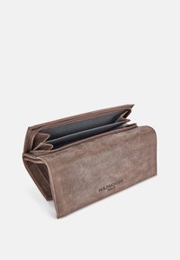 Brown leather wallet with a textured finish, featuring a zipper closure and multiple compartments for organization.