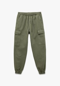 Olivgrüne Cargo-Hose aus Baumwolle, mit einem elastischen Bund, Kordelzug und zwei großen Seitentaschen. Glatte Textur und schmal zulaufende Bündchen.