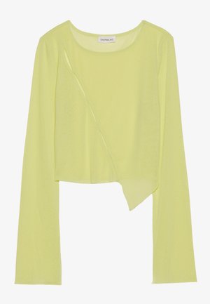 Lime zöld, hosszú ujjú crop top, kerek nyakkivágással és aszimmetrikus szegéllyel. Könnyű, bordázott textúrájú, díszes varrási részletekkel.