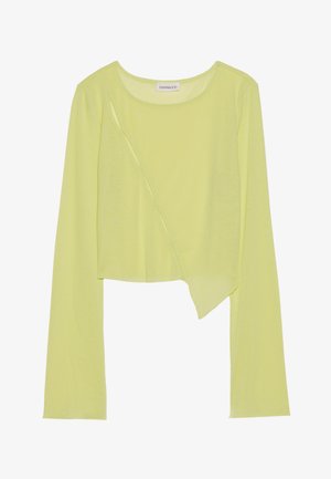 Lime green long-sleeve crop top with a round neckline and an asymmetrical hem. Lightweight, ribbed texture with decorative stitching details.